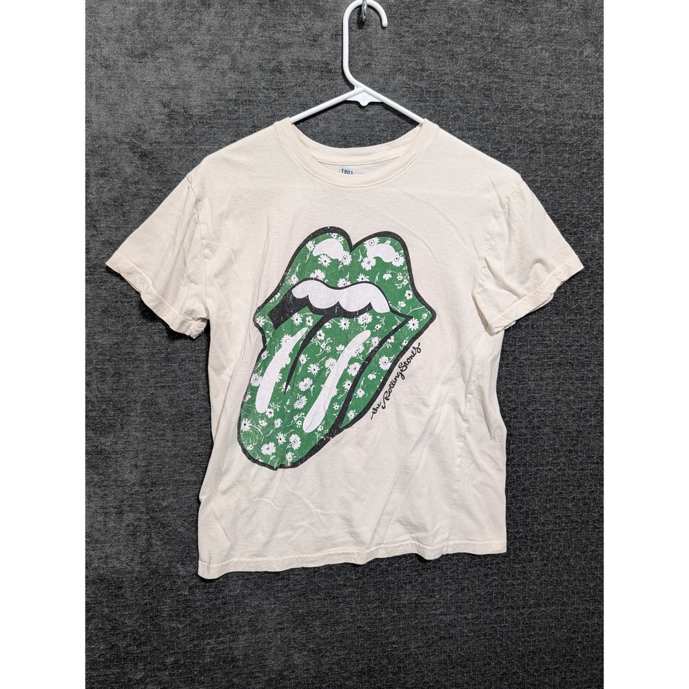 Rolling Stones Floral Tongue Logo Graphic T-Shirt Cream Green Medium 1903